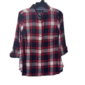 Tommy‎ Hilfiger Shirt Women Sz M Preppy School Girl Red Plaid Roll-Tab Button Up